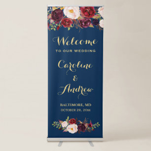 Rustic Burgundy Floral Navy Blue Wedding Welcome Retractable Banner
