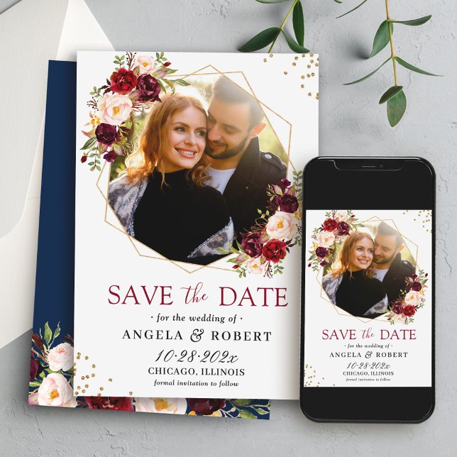 Rustic Burgundy Floral Navy Gold Geometric Photo Save The Date (Creator Uploaded)