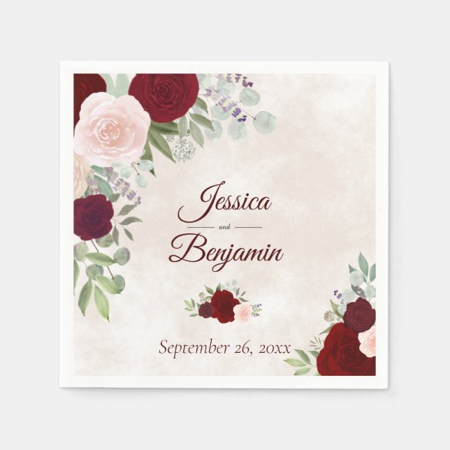 Rustic Burgundy Floral on Dusty Rose Wedding Napkin (Front)