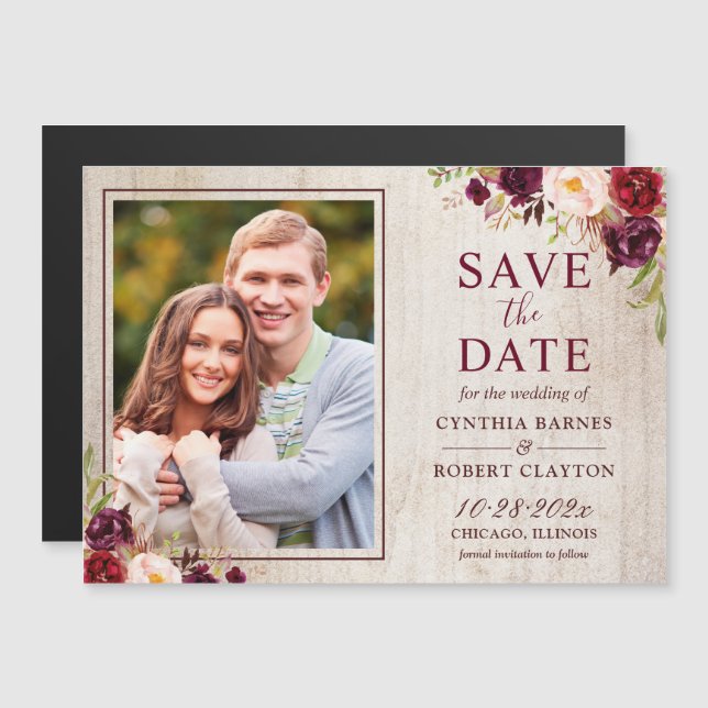 Rustic Burgundy Floral Photo Save the Date Magnet (Front/Back)