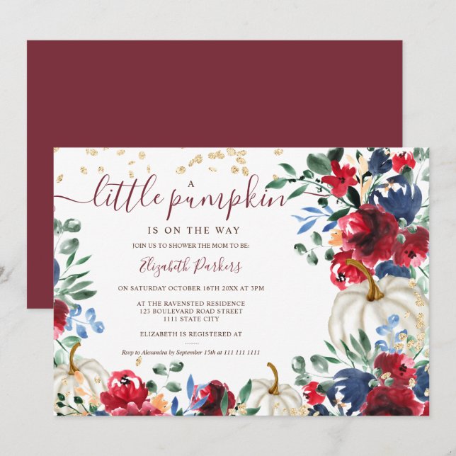 Rustic burgundy floral pumpkin fall baby shower invitation (Front/Back)