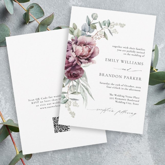 Rustic Burgundy Floral QR Code Fall Wedding Invitation (Available in both printed and instant download digital formats.)