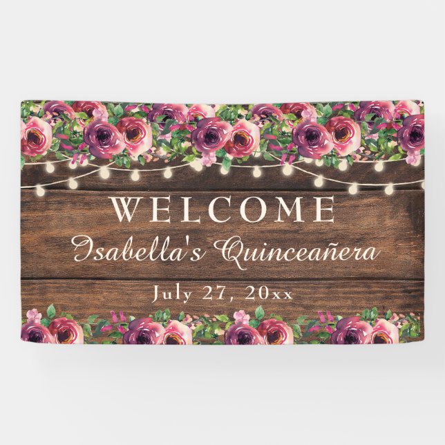 Rustic Burgundy Floral Quinceañera Welcome Banner (Horizontal)