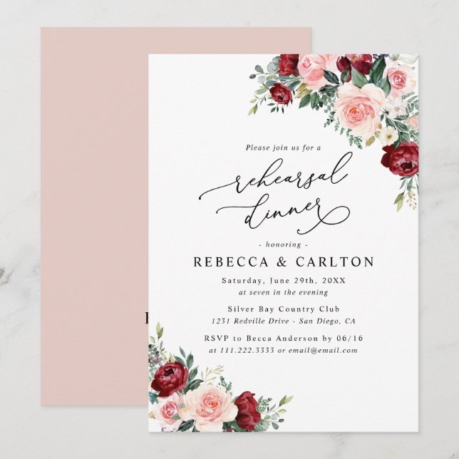 Rustic Burgundy Floral Rehearsal Dinner Invitation (Front/Back)