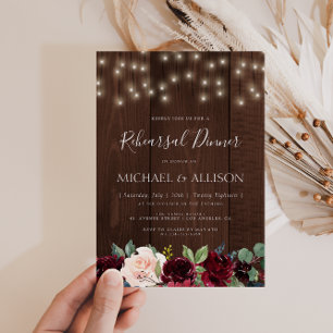 rustic burgundy floral rehearsal dinner invitation