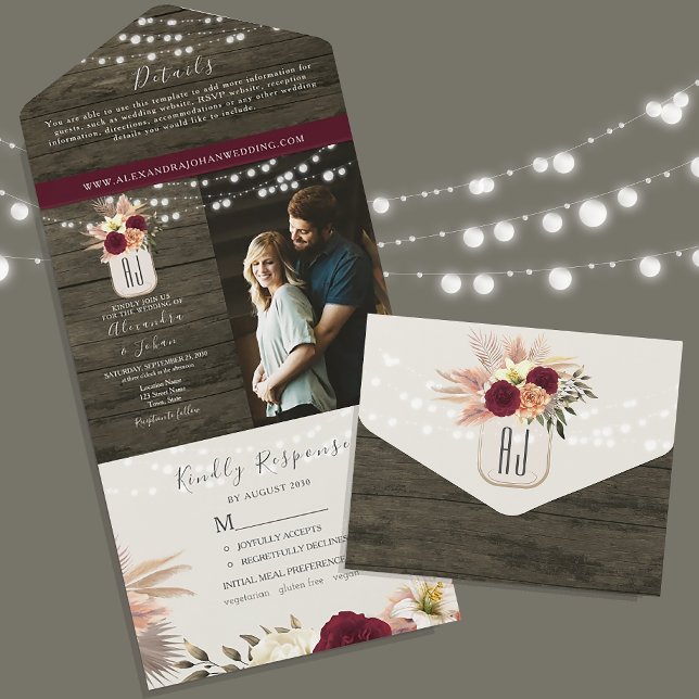 Rustic Burgundy Floral Romantic All In One Invitation (Creator Uploaded)