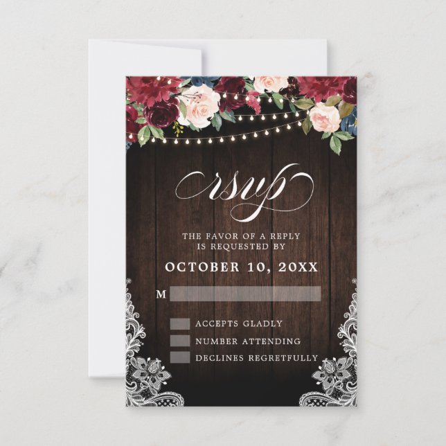 Rustic Burgundy Floral String Light Wedding RSVP (Front)