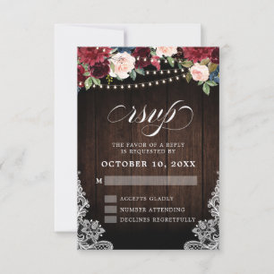 Rustic Burgundy Floral String Light Wedding RSVP Card