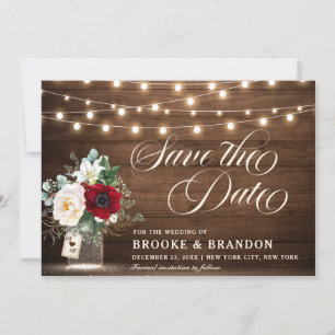 Rustic Burgundy Floral String Lights Mason Jar Save The Date