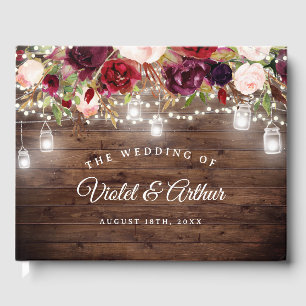 Rustic Burgundy Floral String Lights Wedding Guest Book