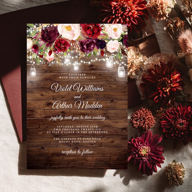Rustic Burgundy Floral String Lights Wedding Invitation (Creator Uploaded)