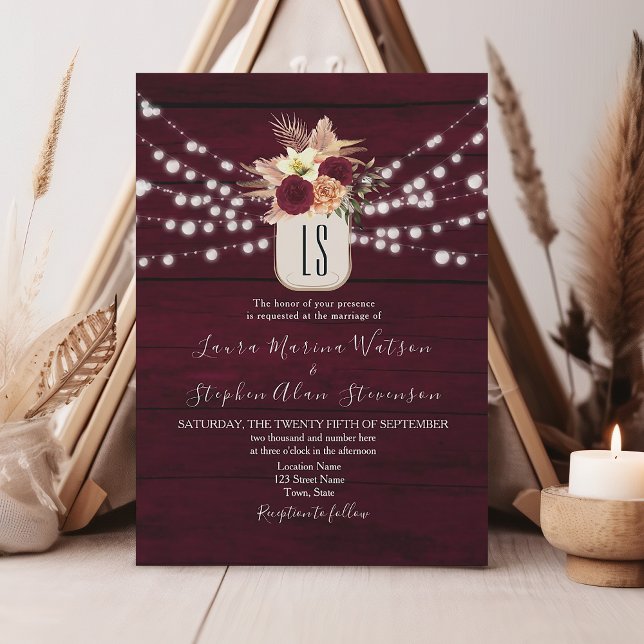 Rustic Burgundy Floral String Lights Wedding Invitation (Creator Uploaded)