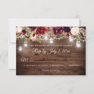 Rustic Burgundy Floral String Lights Wedding RSVP Invitation