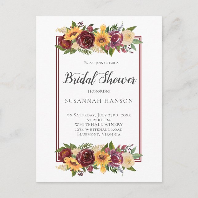 Rustic Burgundy Floral Sunflowers Bridal Shower Postcard (Front)