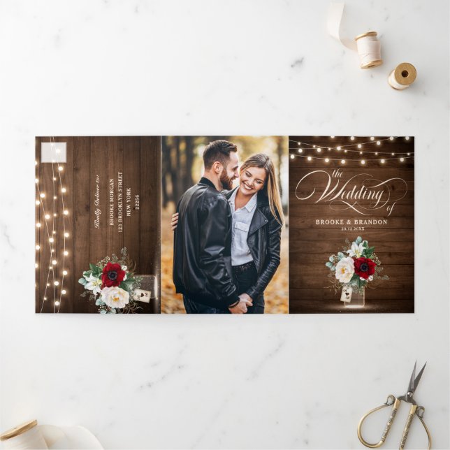 Rustic Burgundy Floral Tri-Fold Wedding Invitation (Outside)