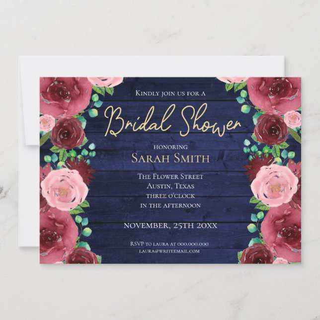 Rustic Burgundy Floral Watercolor Bridal Shower Invitation (Front)