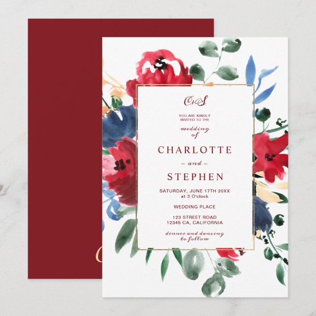 Rustic burgundy floral watercolor gold wedding invitation (Front/Back)