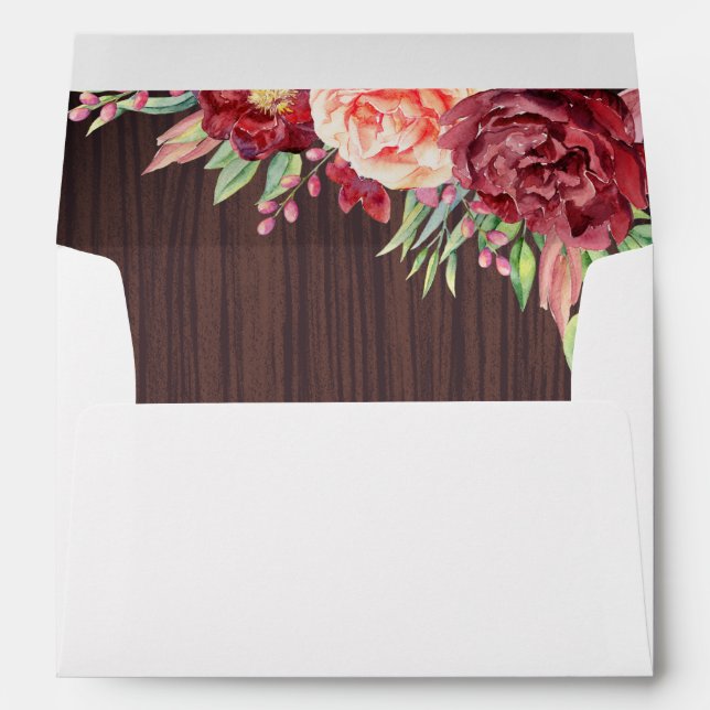 Rustic Burgundy Floral Watercolor Wedding Envelope (Back (Bottom))
