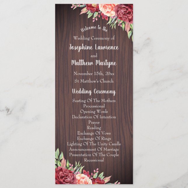 Rustic Burgundy Floral Watercolor Wedding Programme (Front)