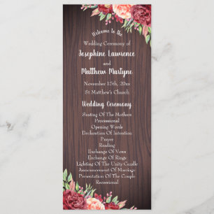 Rustic Burgundy Floral Watercolor Wedding Programme