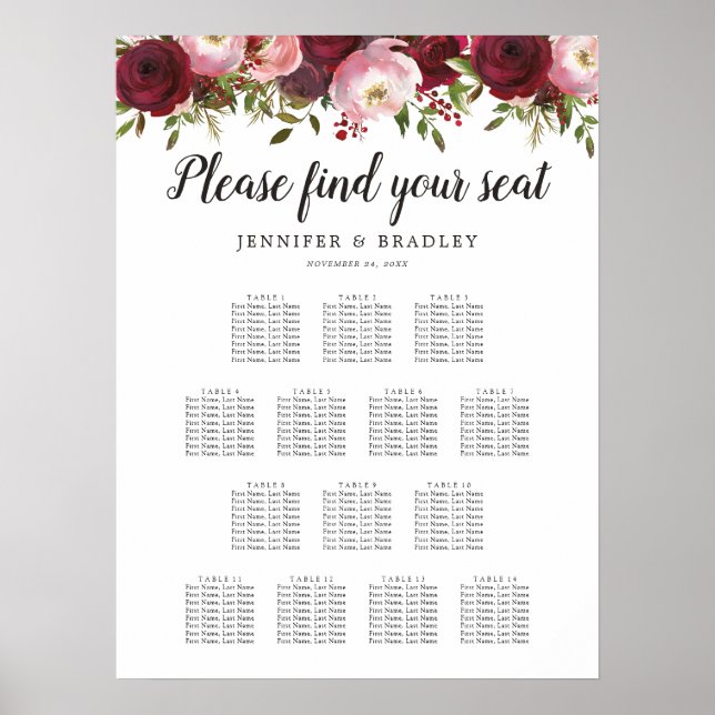 Rustic Burgundy Floral Wedding 14 Table Chart (Front)