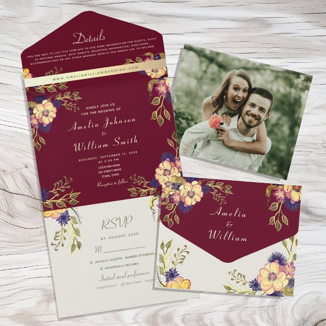 Rustic Burgundy Floral Wedding All In One Invitation (Creator Uploaded)