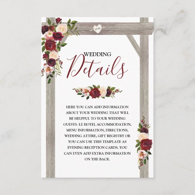Rustic Burgundy Floral Wedding Details Enclosure Card (Front)