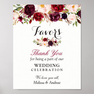Rustic Burgundy Floral Wedding Favours Thank You Poster