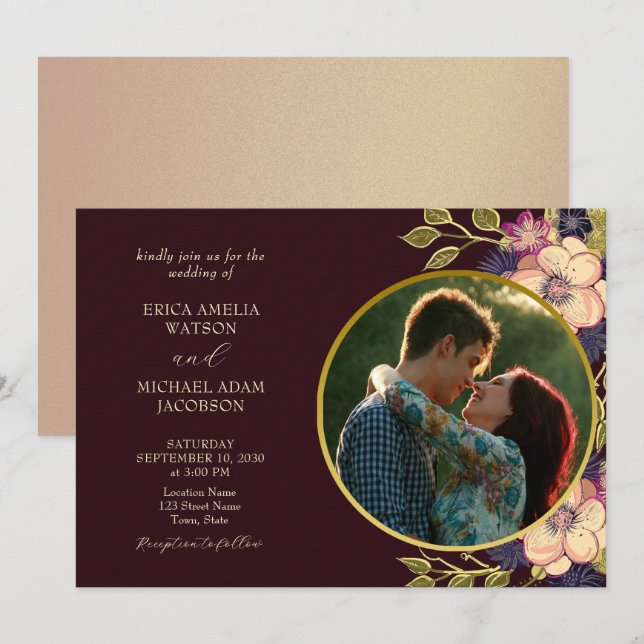 Rustic Burgundy Floral Wedding Invitation (Front/Back)
