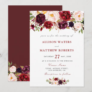 rustic burgundy floral wedding invitation
