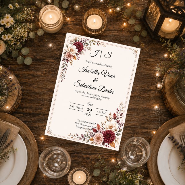 Rustic Burgundy Floral Wedding Invitation (Creator Uploaded)