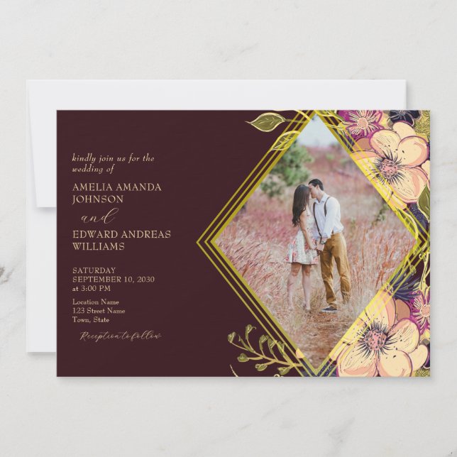 Rustic Burgundy Floral Wedding Invitation (Front)
