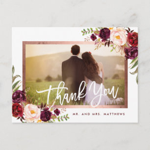 Rustic Burgundy Floral Wedding Photo Thank You Announcement Postcard