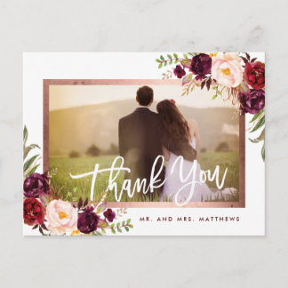 Rustic Burgundy Floral Wedding Photo Thank You Announcement Postcard