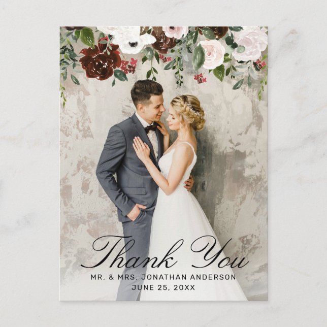 Rustic Burgundy Floral Wedding Photo Thank You Postcard (Front)