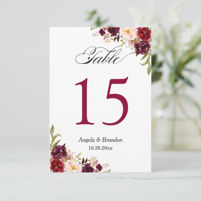 Rustic Burgundy Floral Wedding Table Number Card (Standing Front)