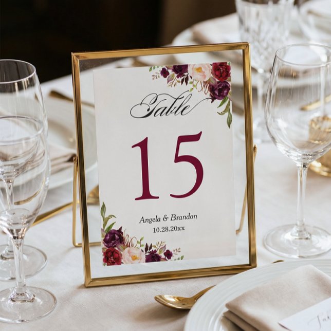 Rustic Burgundy Floral Wedding Table Number Card (Creator Uploaded)