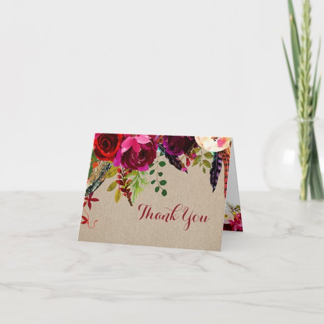 Rustic Burgundy Floral Wedding Thank you note 3979 (Front)