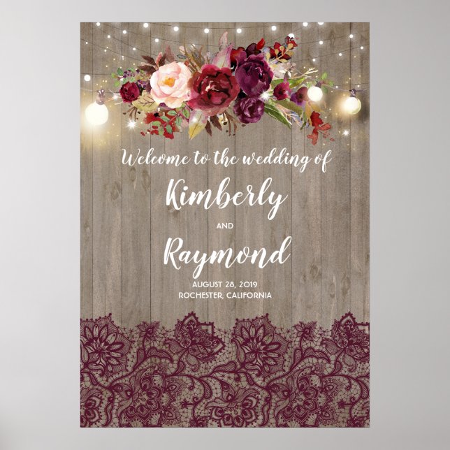 Rustic Burgundy Floral Wedding Welcome Sign (Front)