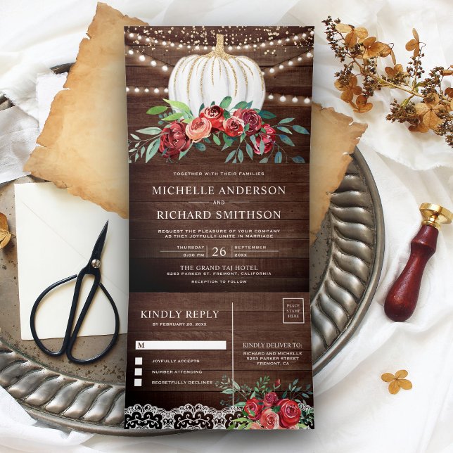 Rustic Burgundy Floral White Pumpkin Fall Wedding Tri-Fold Invitation (Creator Uploaded)
