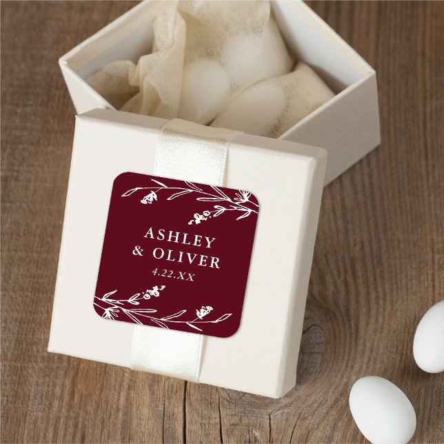 Rustic Burgundy Floral Wildflower Wedding Favour Square Sticker (Creator Uploaded)