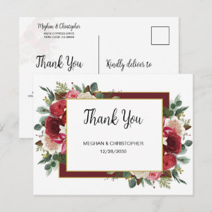 Rustic Burgundy Floral Winter Wedding Thank You Postcard