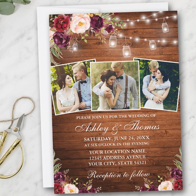 Rustic Burgundy Floral Wood 3 Photo Lights Wedding Invitation (Customize to add more text or more photos to back of card.)