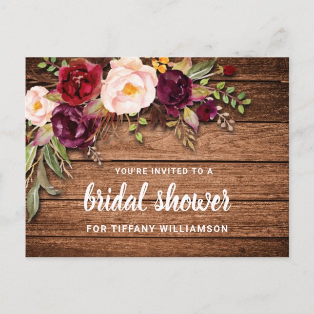 Rustic Burgundy Floral Wood Bridal Shower Invitation Postcard (Front)
