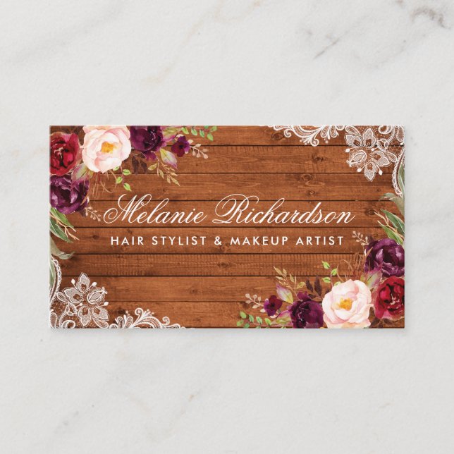 Rustic Burgundy Floral Wood Lace Business Card (Front)