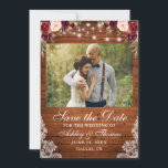 Rustic Burgundy Floral Wood Lights Lace Photo Save The Date<br><div class="desc">Rustic Wood String Lights Watercolor Burgundy Floral,  burgundy roses,  pink roses and greenery Lace Wedding Save The Date Card</div>