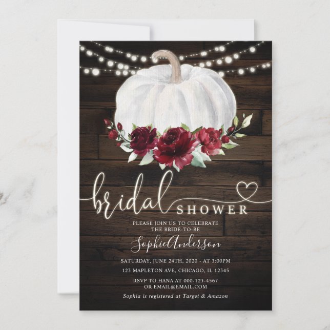 Rustic Burgundy Floral Wood Pumpkin Bridal Shower Invitation (Front)