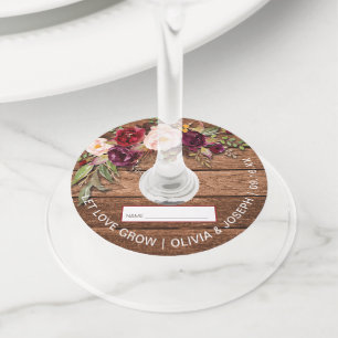Rustic Burgundy Floral Wood Wedding Wine Glass Tag