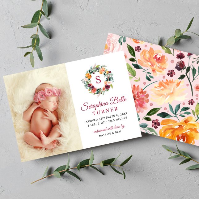 Rustic Burgundy Floral Wreath Monogram Photo Birth Announcement (Creator Uploaded)