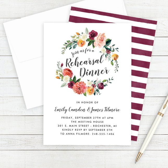 Rustic Burgundy Floral Wreath Rehearsal Dinner Invitation (Creator Uploaded)